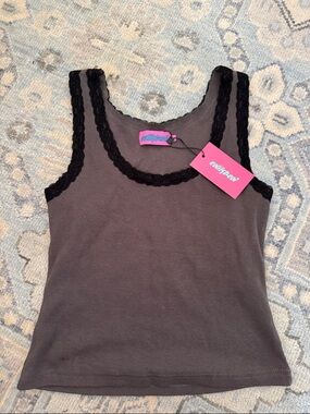 Edikted Brown Tank Top with Black Lace Trim